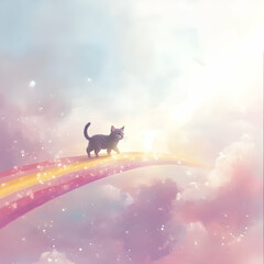 Small cat walks joyfully across a glowing rainbow in a dreamy sky filled with colorful clouds and sparkles