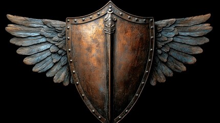 Winged copper shield; dark background; security concept