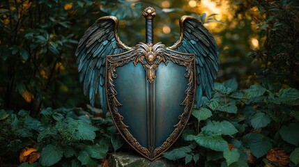 Winged shield, forest backdrop, fantasy decor