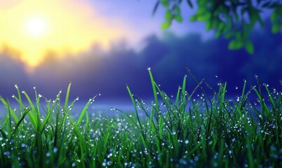Obraz premium Dew-covered grass glistens in the morning light, with a serene forest backdrop at sunrise