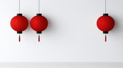 Three elegant red lanterns hanging against a minimalist white wall, enhancing cultural charm.