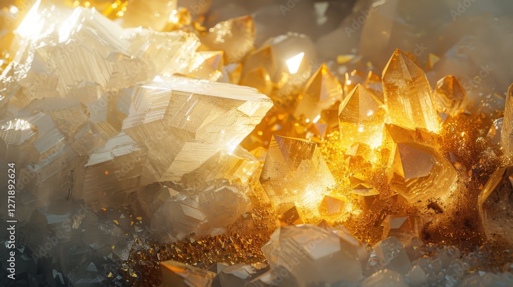 Leinwandbilder Crystals of various sizes sparkle as they catch soft light in an underground cave. The orange and white hues highlight the stunning formations, creating a mesmerizing effect.