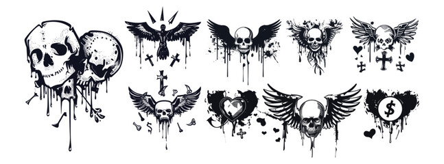 Spray paint graffiti wing with drips, black inky human skull, rock guitar, dollar icon, cross, angel emoji, flying heart with wings, grunge airbrush street style symbols, urban stickers, art