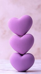Fototapeta premium Three stacked purple hearts against a soft background, symbolizing love and affection.