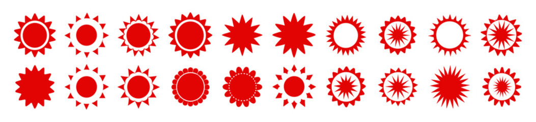 Retro Starburst badge, promotional label set, red wavy edge circle stickers, price promo tags, discount special offer, vintage sale emblems, sunburst symbols, callouts, sale design.