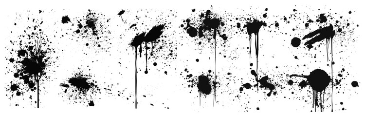 Inkblot spots, spray paint splashes, brush drops, black ink drips, liquid blob, paintbrush splotch, smudges, dusty speckle effect, graffiti ink splatters, dirty splash stains © aura studio