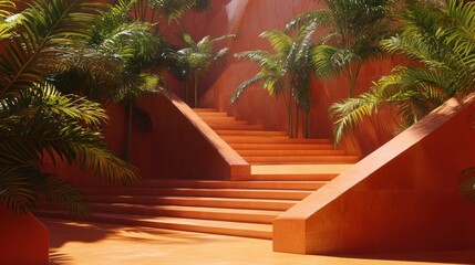 Fototapeta premium Orange staircase oasis; palm trees, sunlit desert backdrop; product display