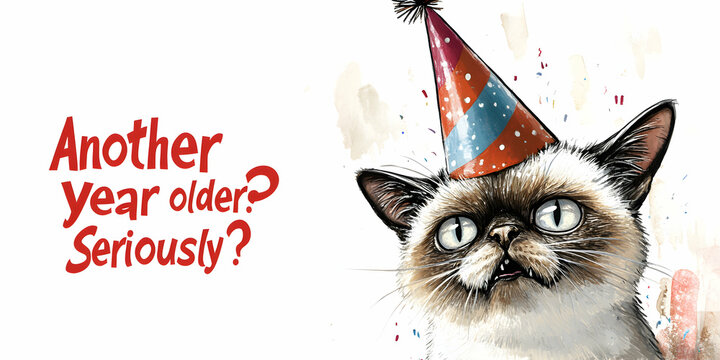 Funny birthday poster highlights grumpy cat questioning aging with a party hat