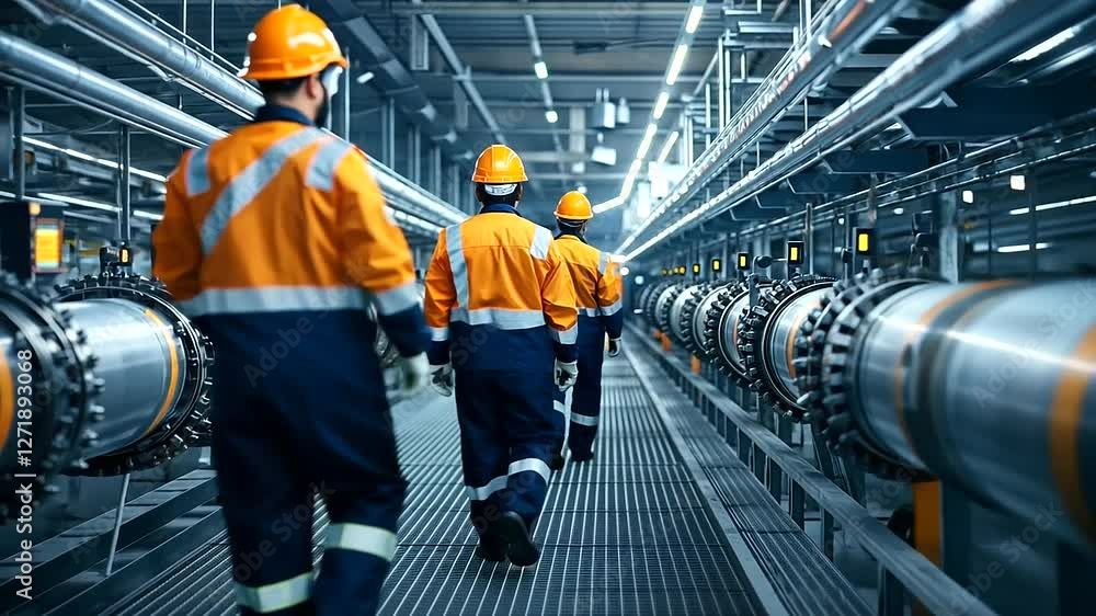 Poster workers walking through a narrow corridor of closely packed gas pipelines, the refinery's steel fram