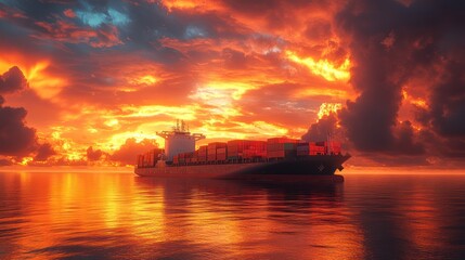 Fototapeta premium Cargo Ship at Sunset, Dramatic Skies