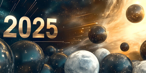 Futuristic birthday poster celebrating a significant event in 2025 with cosmic elements and vibrant colors