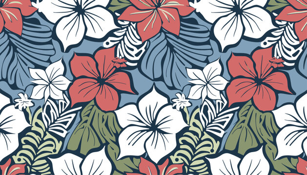Vector seamless pattern - Traditional Hawaiian wallpaper, tropical background, floral textile design, exotic vintage decor, Polynesian ornament, aloha theme, island art, abstract print, beach style