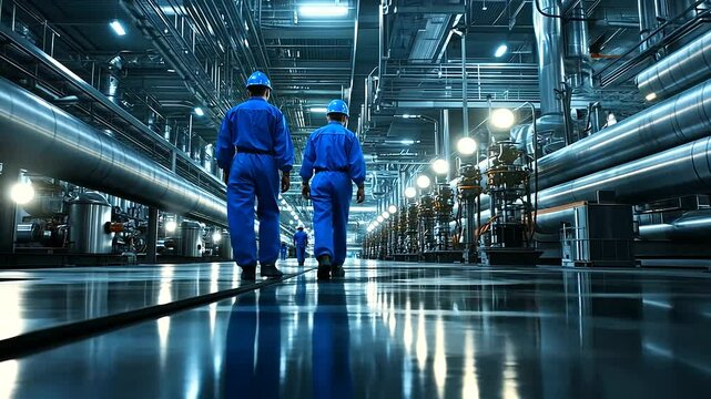 Engineers in blue coveralls walking through a refinery plant, surrounded by a labyrinth of gas pipelines, glowing gauges, and the mechanical rhythm of oil and gas production