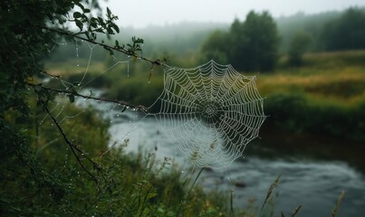 Dew-covered spider web glistening in the morning light by a serene river in a lush forest