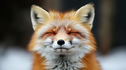Fototapeta premium Adorable red fox with eyes closed, smiling peacefully in natural habitat, capturing a moment of pure contentment.