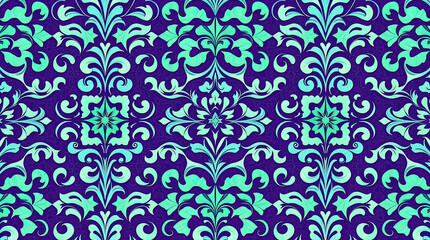 decorative damask pattern including complex floral and scroll motifs. elegant and classic wallpaper style. symmetrical and repeating look