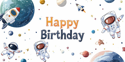 Create a fun and vibrant space-themed birthday poster featuring planets, rockets, and astronauts celebrating in a galaxy setting