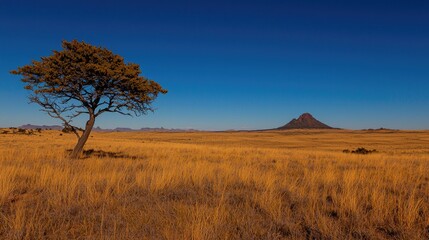 Lone tree in golden plains, distant butte, clear sky; travel poster