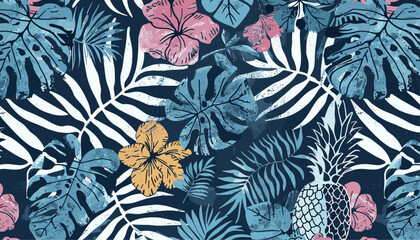 Tropical seamless pattern, flower leaf pineapple patchwork, vintage fabric shirt, beach towel, pillow, tablecloth, home decor, grunge effect, tropical design, summer print, stylish textile.