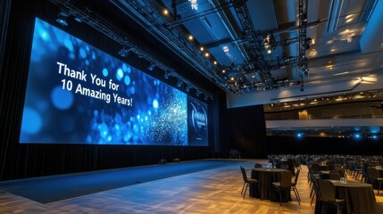 A large screen with the words "Thank you for 10 amazing years" on it