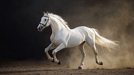 Obraz premium White horse performing dressage piaffe in a dark 