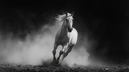White horse running in the dust against a dark background --