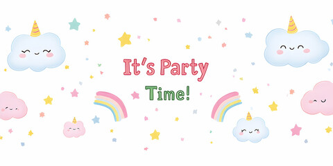 Kawaii-style birthday poster featuring smiling clouds, rainbows, and stars that creates a joyful party atmosphere for children and celebrations