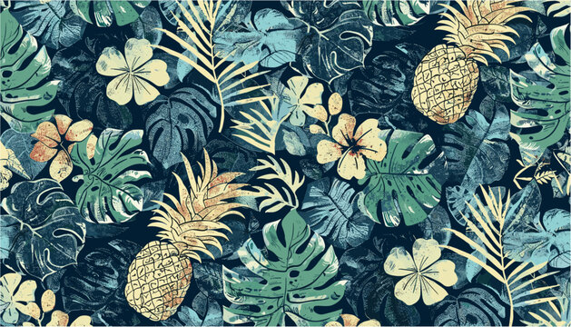 Vintage tropical flower leaf pattern, pineapple patchwork seamless, fabric shirt, beach towel, pillow, tablecloth, grunge effect design, tropical style, home accessories, summer print.