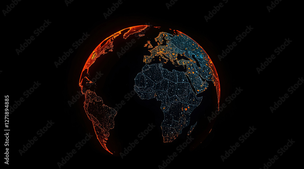 Poster globe with maps of continents with glowing lines denoting state and country borders. blue and orange