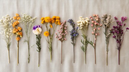 Dried flowers arranged in a row on a linen surface