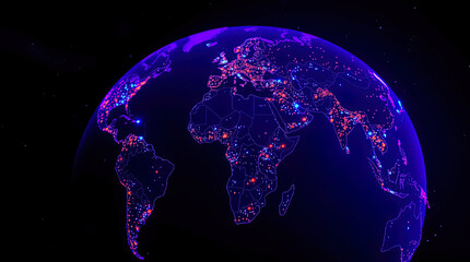 globe with maps of continents with glowing lines denoting state and country borders. Blue and orange glowing dots can be seen on the map denoting cities or grid. futuristic, high-tech look.