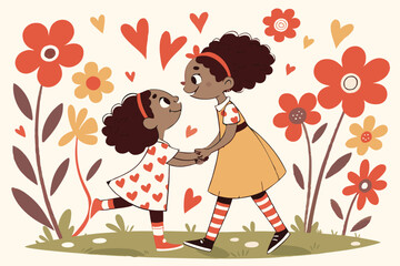  Whimsical illustration, two young girls with dark curly hair, colorful floral dresses, striped socks, holding hands, vibrant floral background, red and orange flowers, hearts floating, children's b