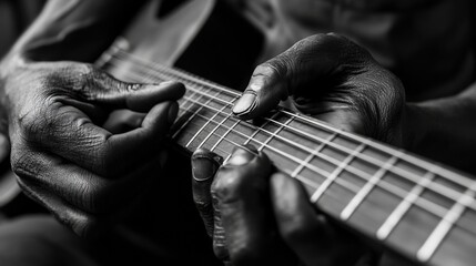 A man is playing a guitar with his hands on the strings