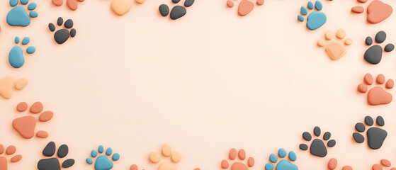 cute panoramic domestic animal colourful paws ornament; beige background perfect for pet item advertising