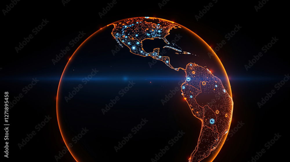 Poster globe with maps of continents with glowing lines denoting state and country borders. blue and orange