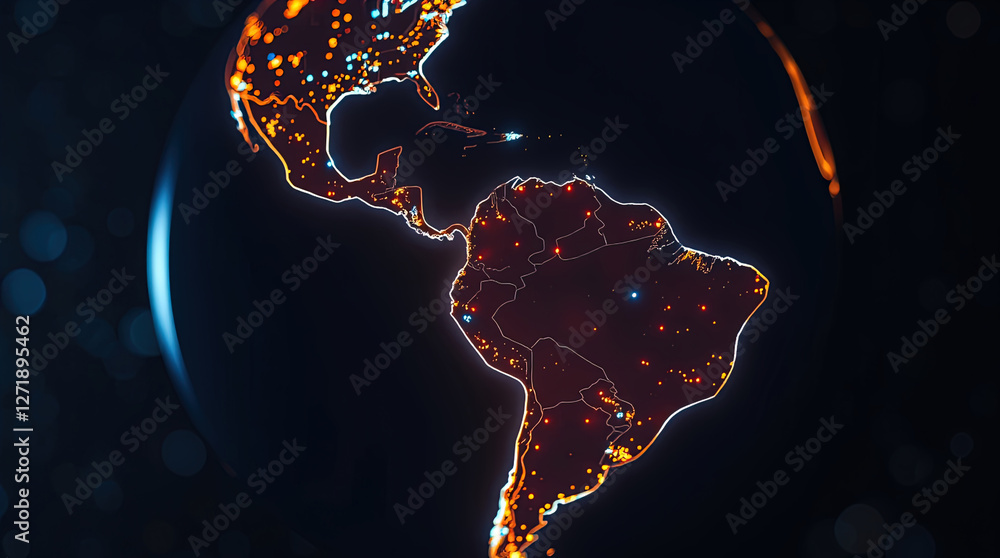 Poster globe with maps of continents with glowing lines denoting state and country borders. blue and orange