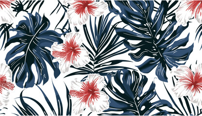 Vintage seamless pattern with tropical hibiscus flower plants, vector illustration, botanical textile design, floral patchwork, exotic background, retro style, fabric print, tropical leaves,