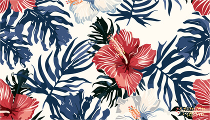 Tropical hibiscus flower plants vector illustration, patchwork vintage seamless pattern, exotic floral textile, botanical background, summer design, wallpaper, fabric print, retro decor, ornament, © aura studio