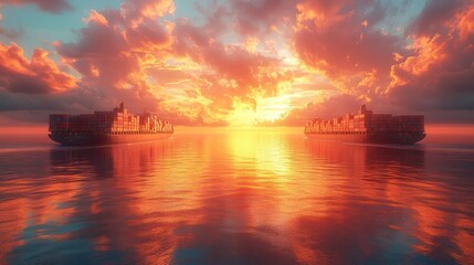 Cargo ships at sunset on tranquil ocean