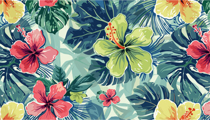 Hibiscus flowers, frangipani, tropical floral pattern, vector illustration, vintage wallpaper, seamless design, grunge texture, nature pattern, exotic flowers, tropical backdrop
