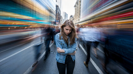 Alone woman in crowded city street