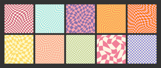 Groovy checkered pattern, colorful distorted tiled grid. Vintage wavy curved backdrop, distortion effect. Funky geometric chessboard texture, retro background in 90s style, y2k. Vector illustration