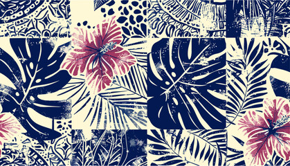 Hawaiian tribal element, tropical leaf, hibiscus flowers, vector seamless pattern, patchwork wallpaper, abstract grunge, fabric, shirt, pillow, tablecloth, towel, wrapping, textile, background, © aura studio