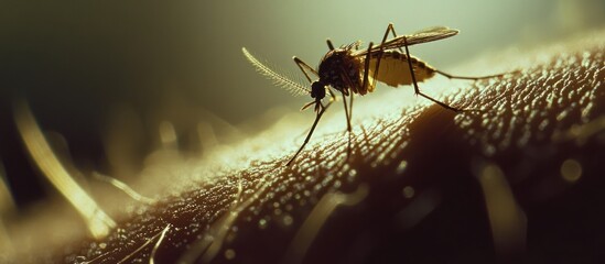 Fototapeta premium Aedes Mosquito Feeding on Human Skin Close Up in Warm Light Tone
