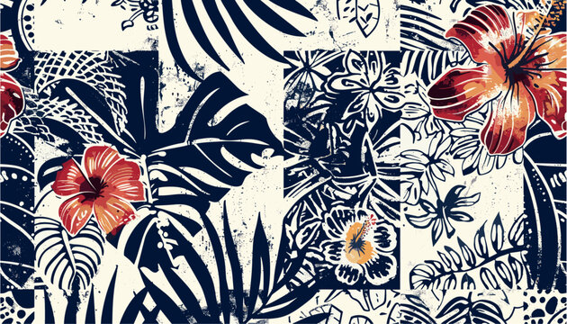 Tropical leaf, hibiscus flowers, vector illustration, Hawaiian tribal element, patchwork wallpaper, abstract grunge, seamless pattern, fabric, pillow, tablecloth, towel, wrapping, textile, ornament,