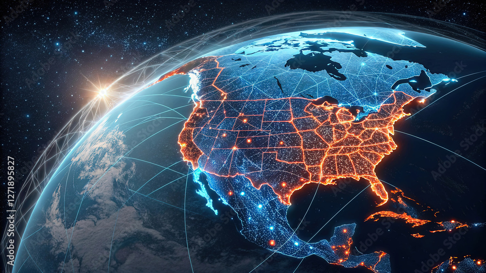 Poster globe with maps of continents with glowing lines denoting state and country borders. blue and orange