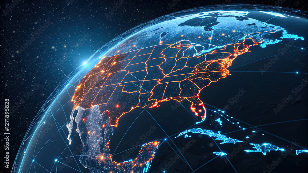 Poster globe with maps of continents with glowing lines denoting state and country borders. blue and orange