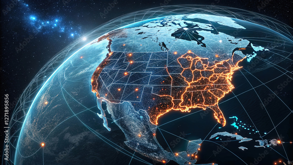 Poster globe with maps of continents with glowing lines denoting state and country borders. blue and orange