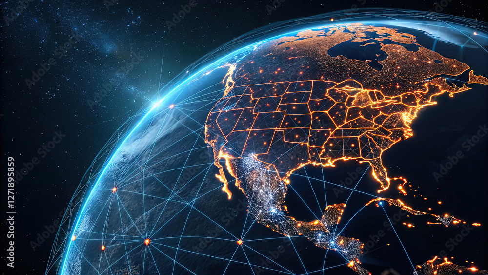Poster globe with maps of continents with glowing lines denoting state and country borders. blue and orange