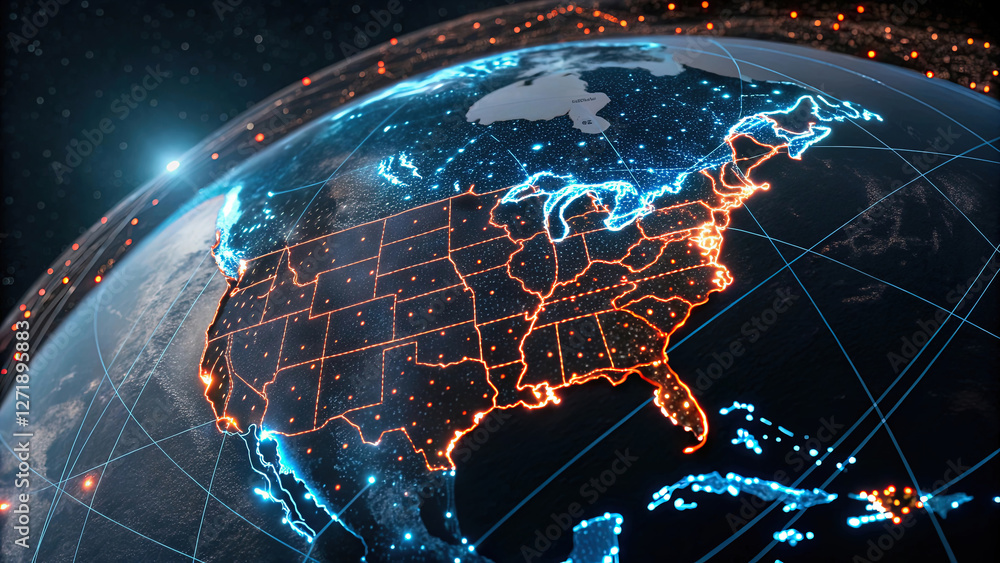 Poster globe with maps of continents with glowing lines denoting state and country borders. blue and orange
